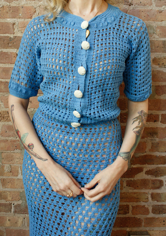 1930s Crochet Blue Sweater and Skirt Set - Xsmall
