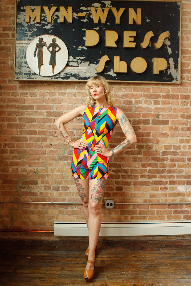 1960s Mod Colorful Cotton Twill Romper - Small