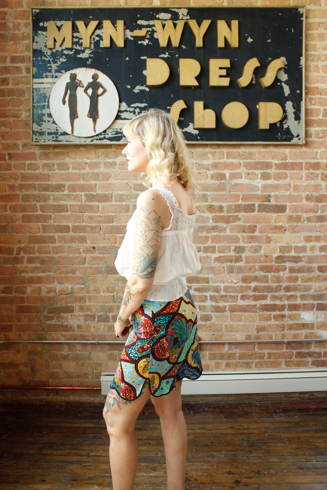 1960s Peacock Print Slip Skirt - Small