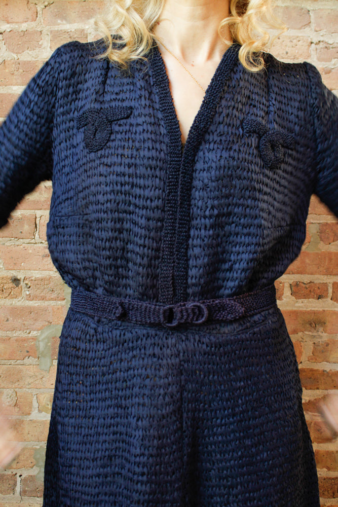 1940s Ribbon Sapphire Knit Dress - Large