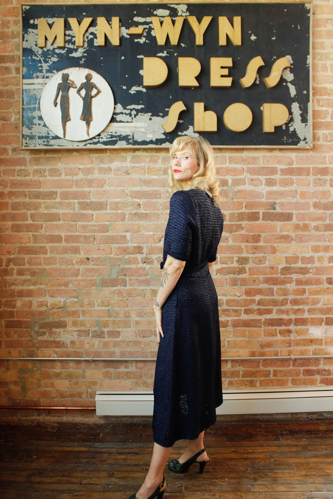 1940s Ribbon Sapphire Knit Dress - Large