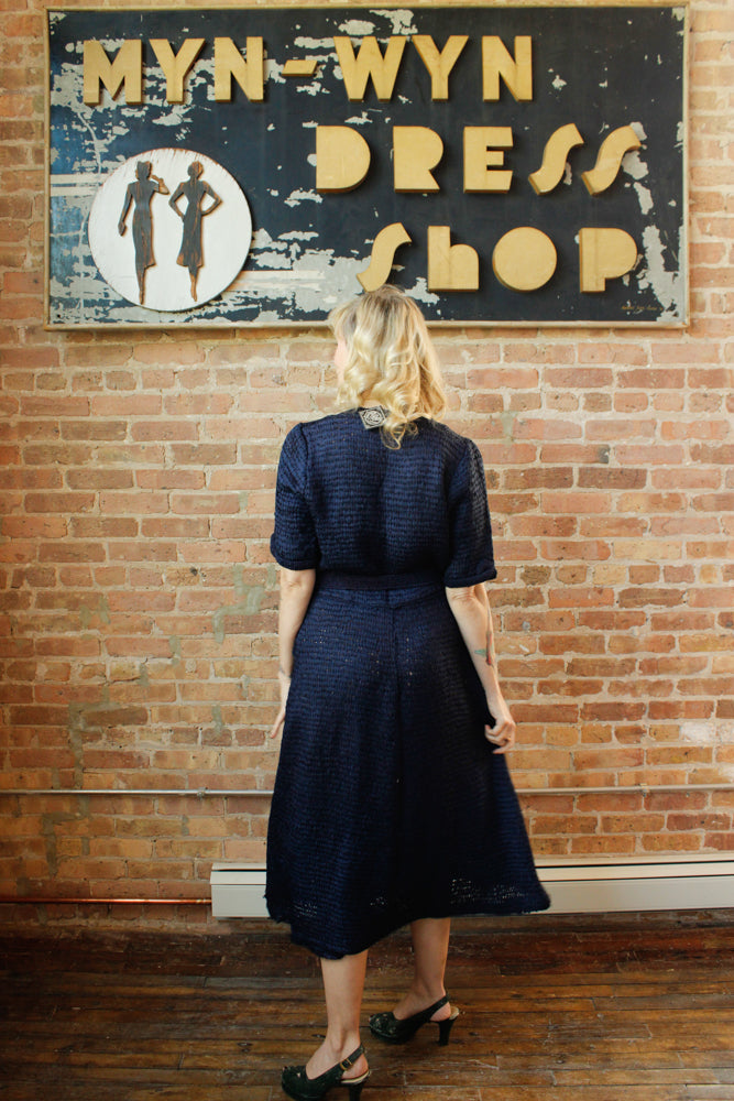 1940s Ribbon Sapphire Knit Dress - Large