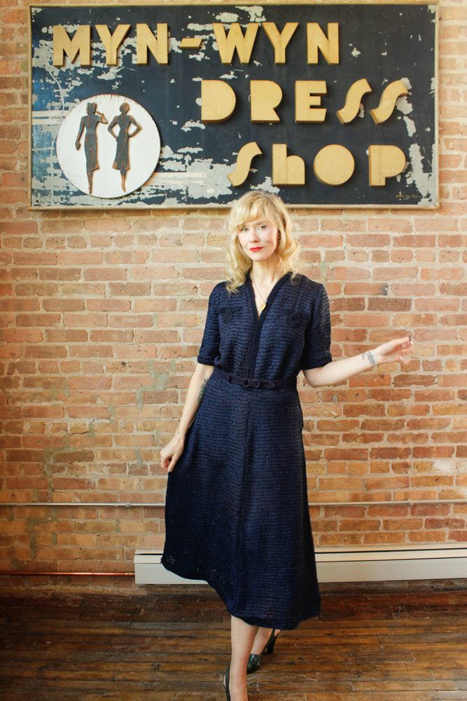 1940s Ribbon Sapphire Knit Dress - Large