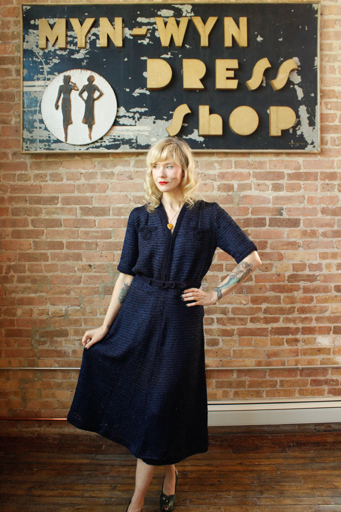 1940s Ribbon Sapphire Knit Dress - Large