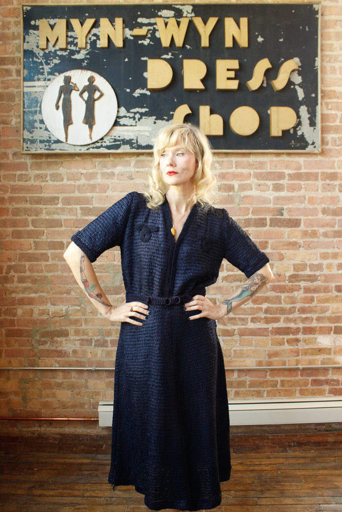 1940s Ribbon Sapphire Knit Dress - Large