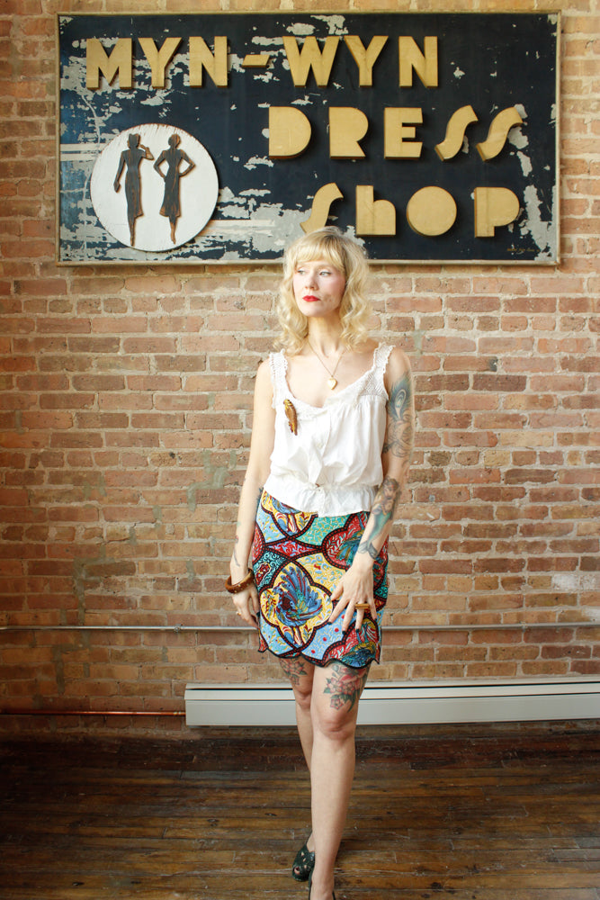 1960s Peacock Print Slip Skirt - Small