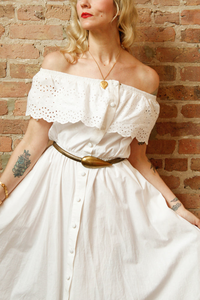 1990s White Off the Shoulder Cotton Dress - Medium