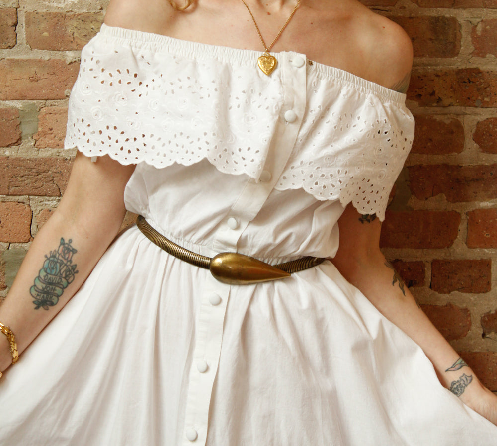 1990s White Off the Shoulder Cotton Dress - Medium