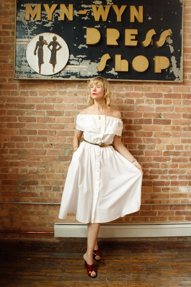 1990s White Off the Shoulder Cotton Dress - Medium