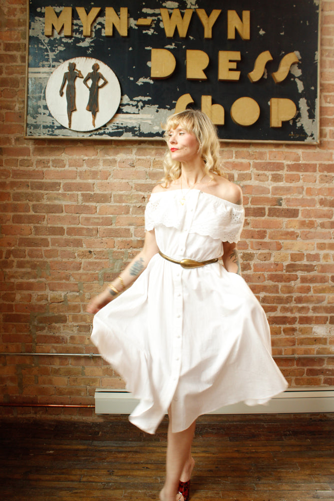 1990s White Off the Shoulder Cotton Dress - Medium