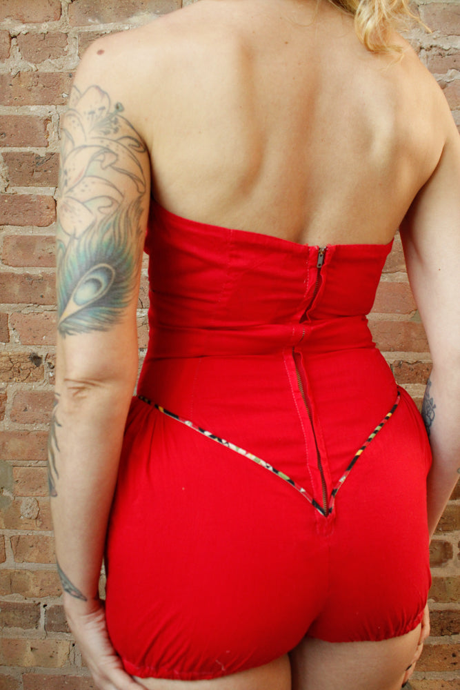 1950s Red Cotton Halter Playsuit - Small