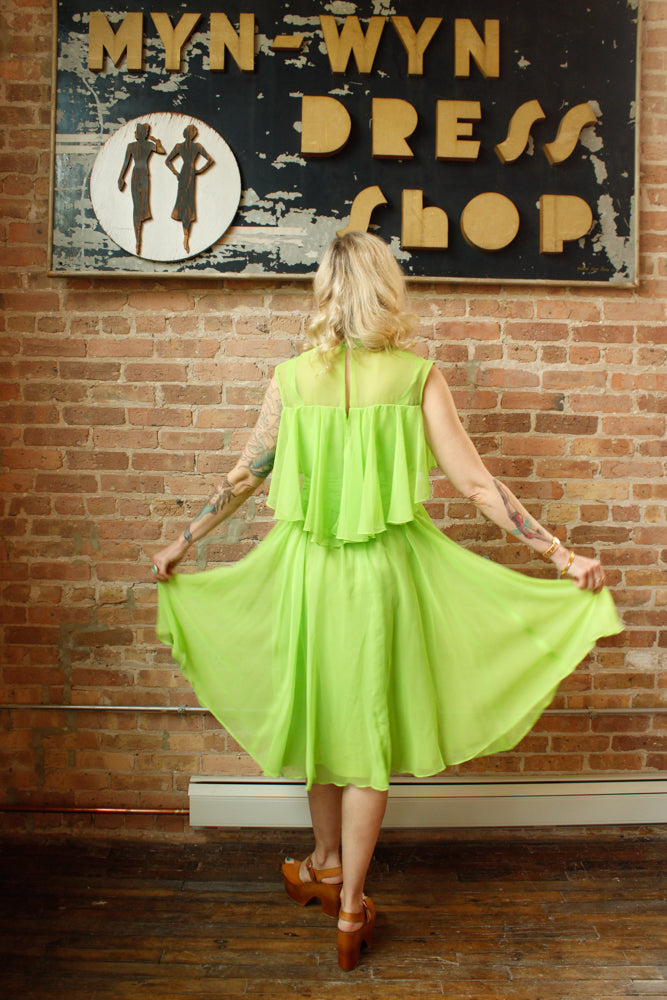 1960s Day Glo Green Chiffon Party Dress - Medium