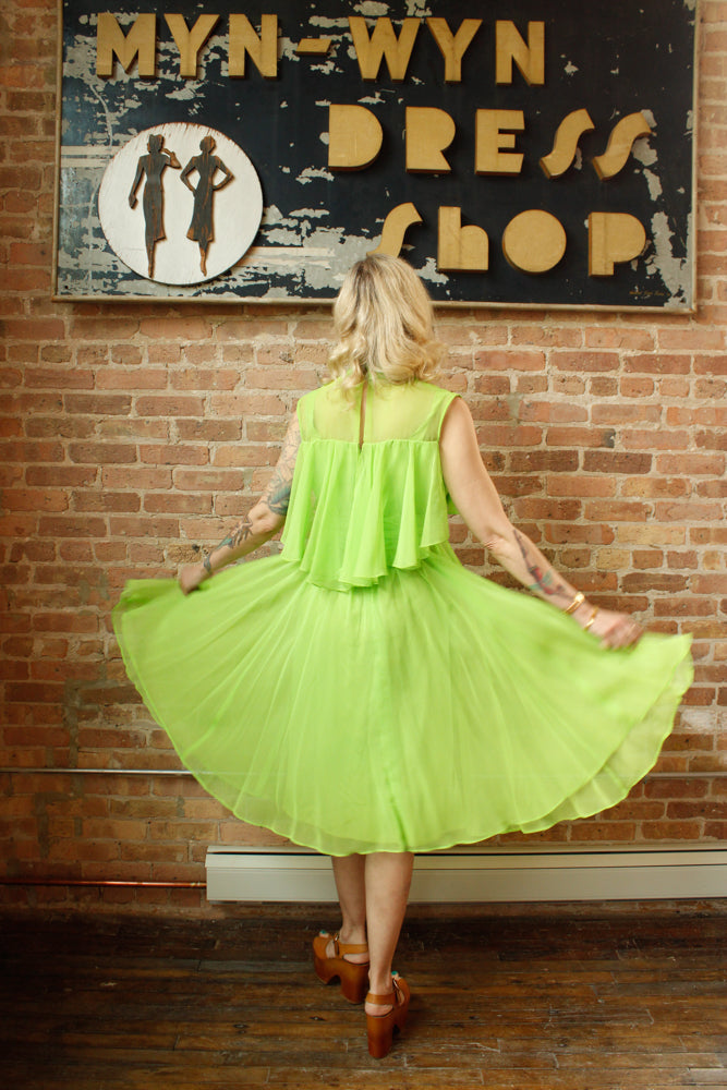 1960s Day Glo Green Chiffon Party Dress - Medium