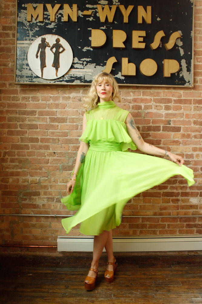 1960s Day Glo Green Chiffon Party Dress - Medium