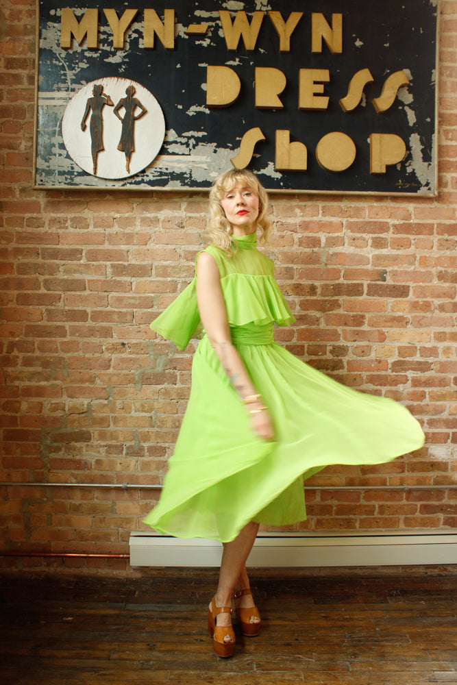 1960s Day Glo Green Chiffon Party Dress - Medium