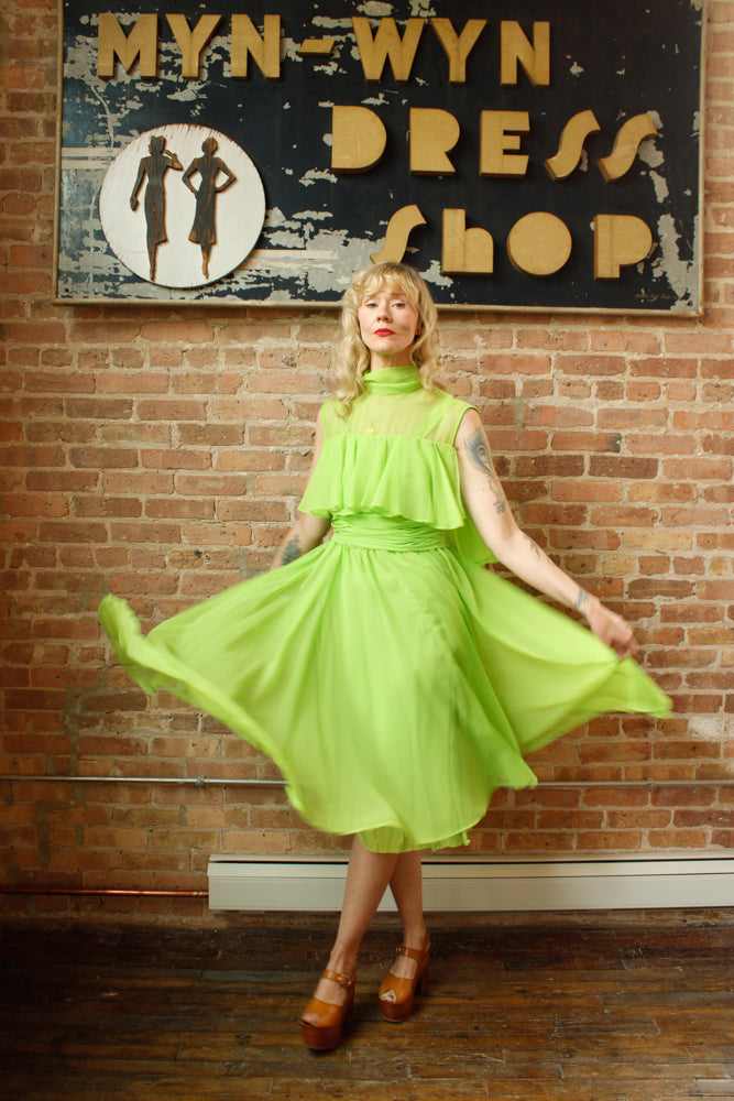 1960s Day Glo Green Chiffon Party Dress - Medium
