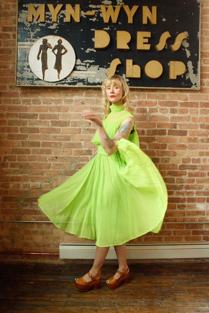 1960s Day Glo Green Chiffon Party Dress - Medium
