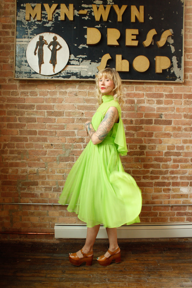 1960s Day Glo Green Chiffon Party Dress - Medium