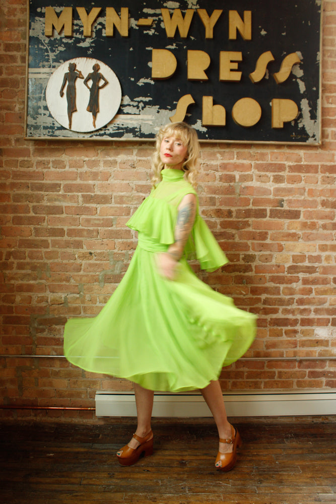 1960s Day Glo Green Chiffon Party Dress - Medium