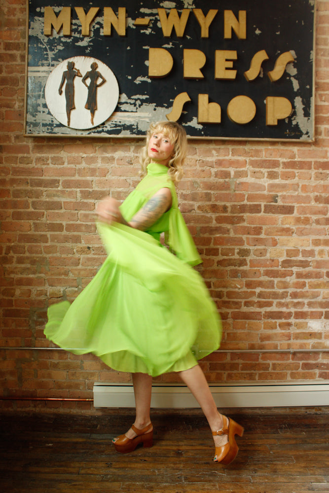 1960s Day Glo Green Chiffon Party Dress - Medium