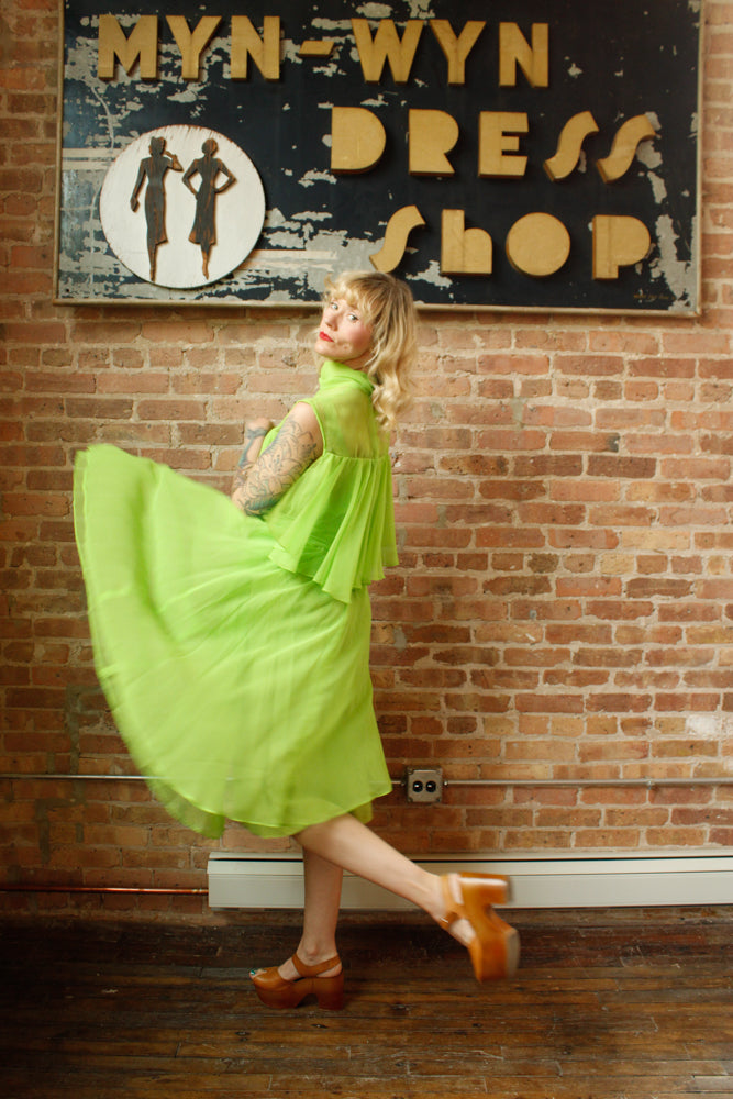 1960s Day Glo Green Chiffon Party Dress - Medium