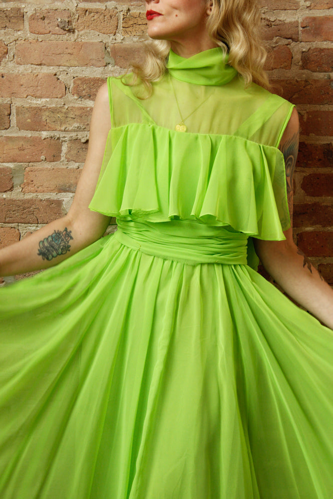 1960s Day Glo Green Chiffon Party Dress - Medium
