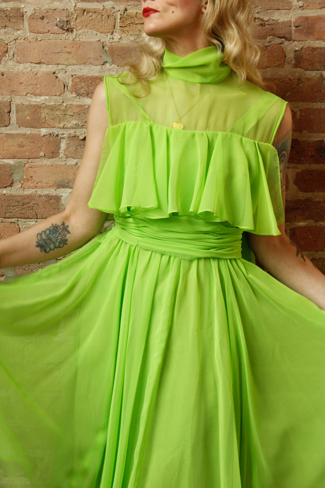 1960s Day Glo Green Chiffon Party Dress - Medium