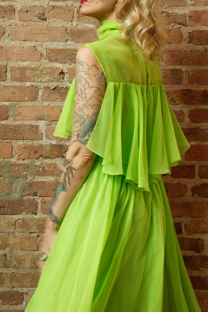 1960s Day Glo Green Chiffon Party Dress - Medium