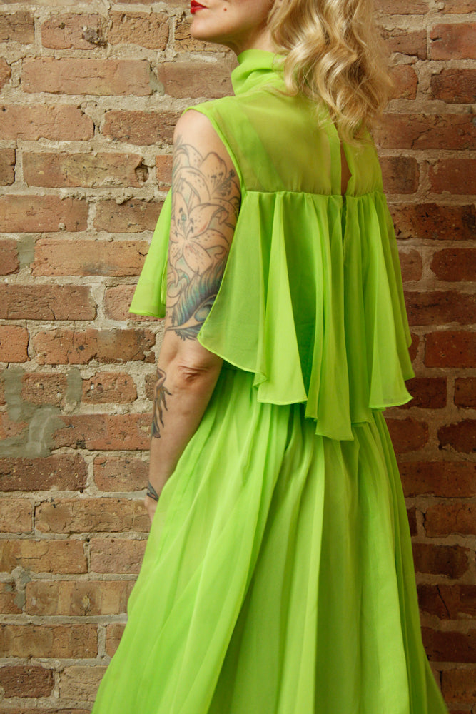 1960s Day Glo Green Chiffon Party Dress - Medium
