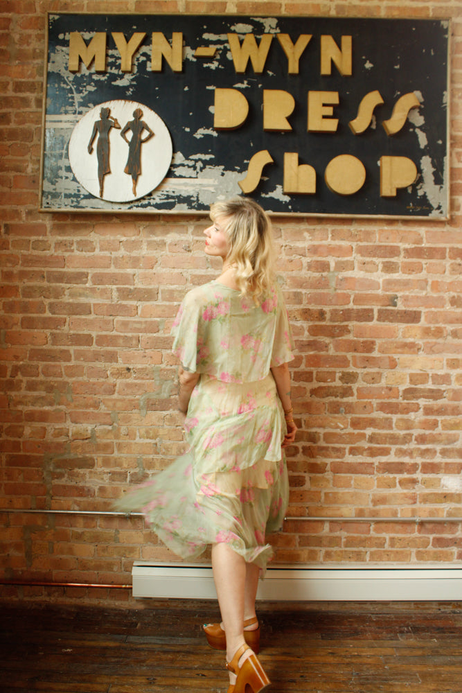 1920s Silk Floral Green Sheer Dress - Medium