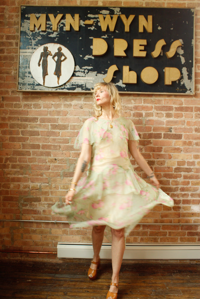 1920s Silk Floral Green Sheer Dress - Medium