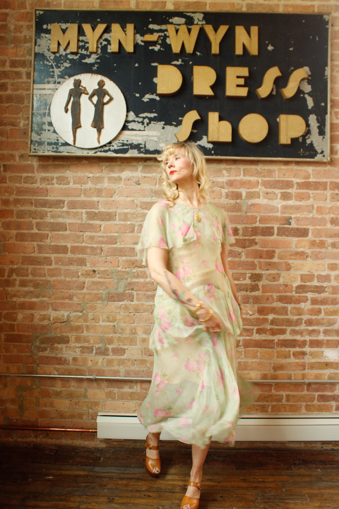 1920s Silk Floral Green Sheer Dress - Medium