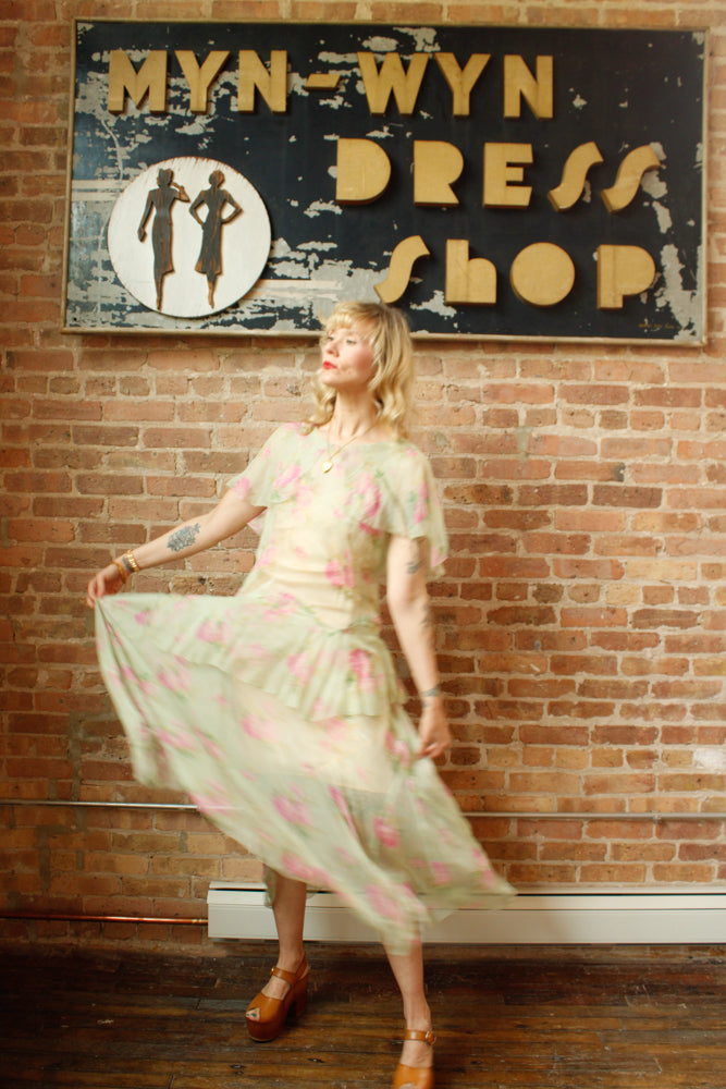 1920s Silk Floral Green Sheer Dress - Medium