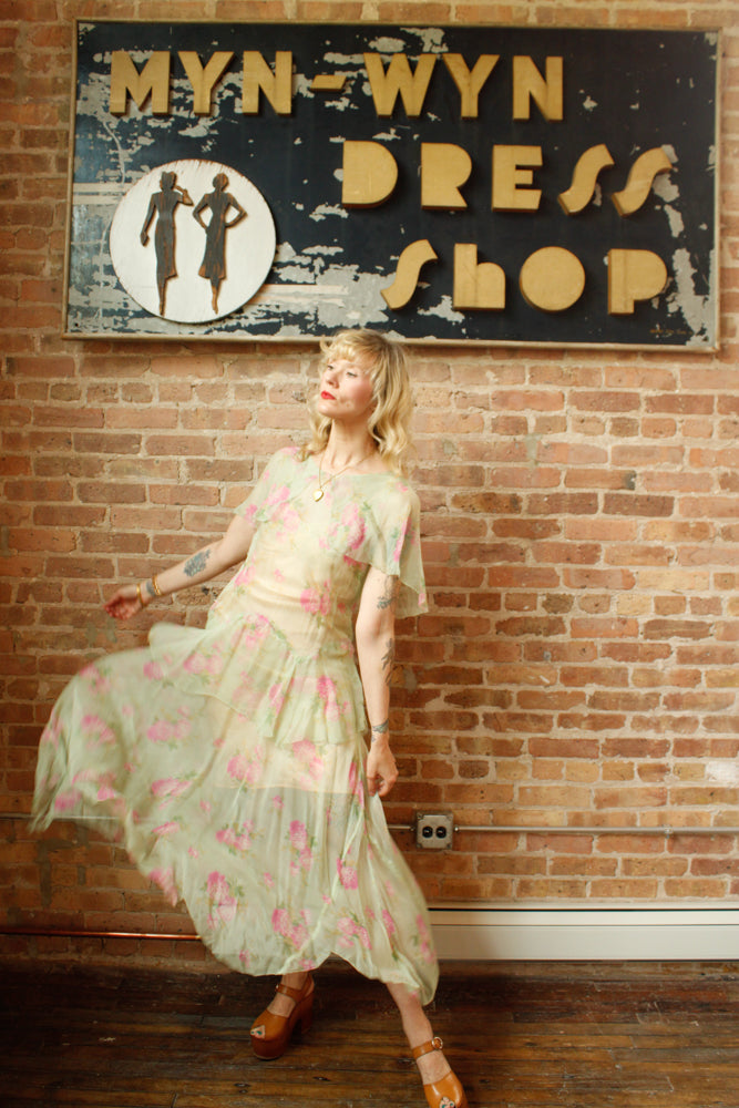 1920s Silk Floral Green Sheer Dress - Medium