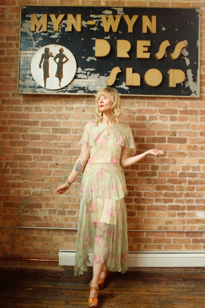 1920s Silk Floral Green Sheer Dress - Medium
