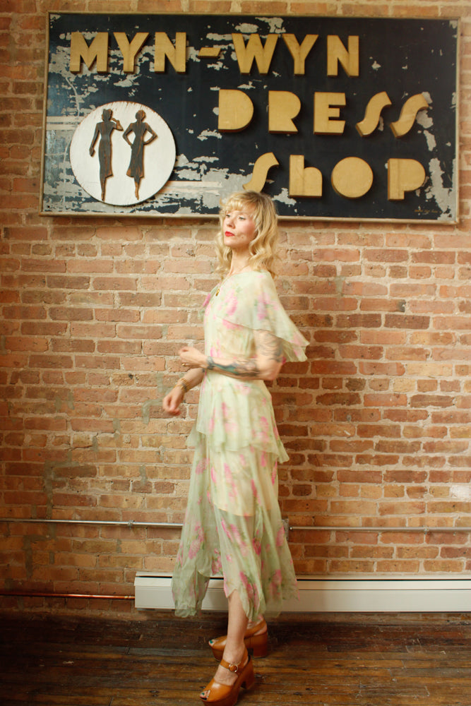 1920s Silk Floral Green Sheer Dress - Medium