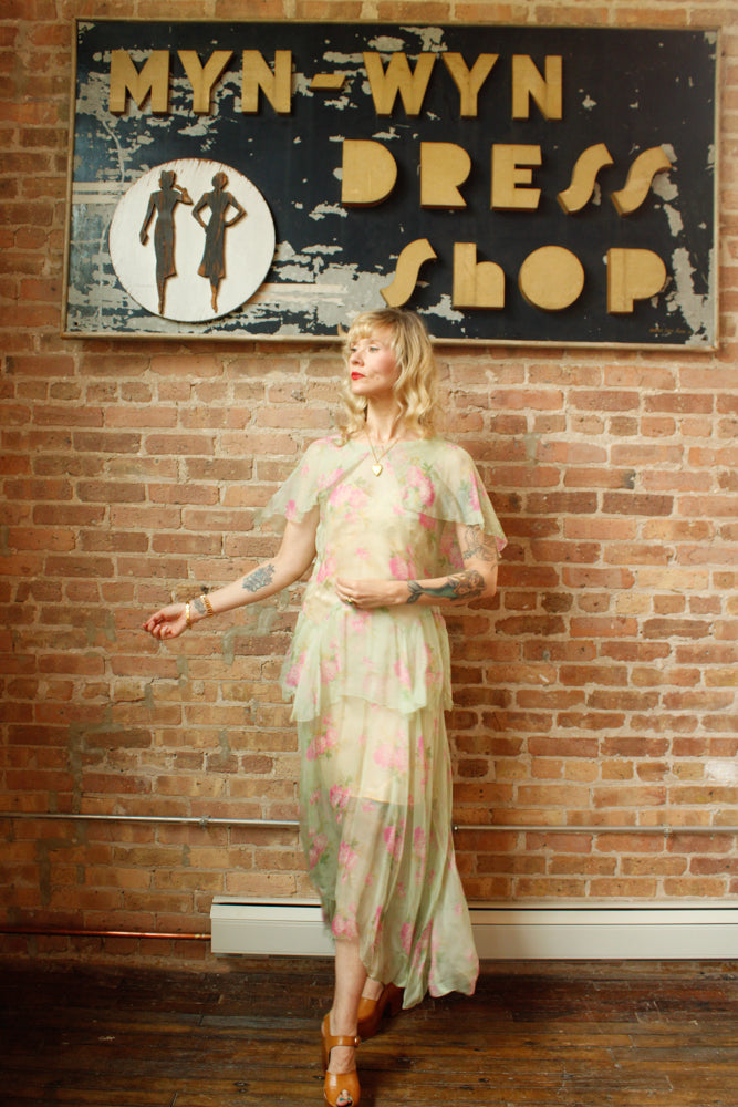 1920s Silk Floral Green Sheer Dress - Medium