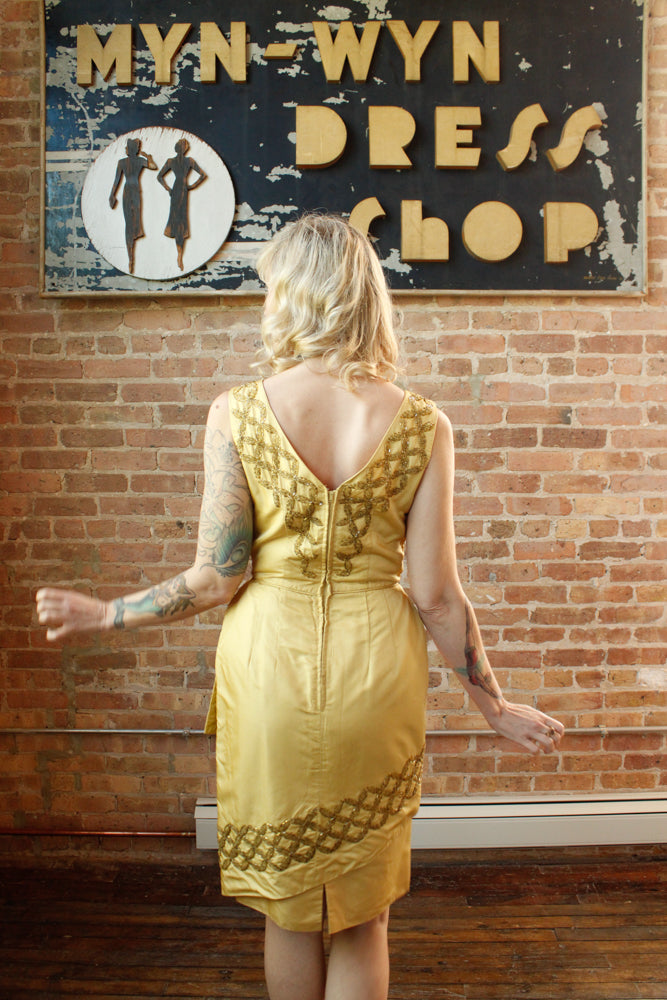 1960s Gold Beaded Silk Cocktail Dress - Small 