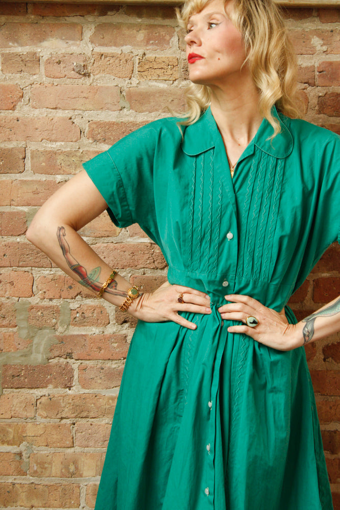 1950s Teal Green Cotton Dress - Large