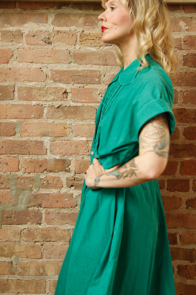 1950s Teal Green Cotton Dress - Large