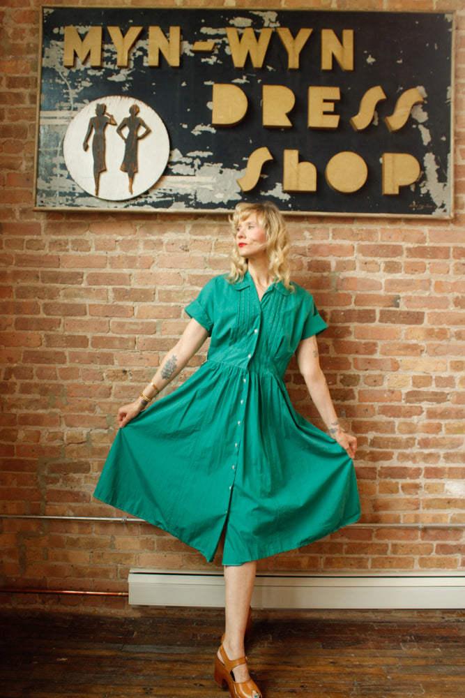 1950s Teal Green Cotton Dress - Large