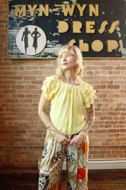 1940s Rayon Ruffle Lemon Blouse - Small 