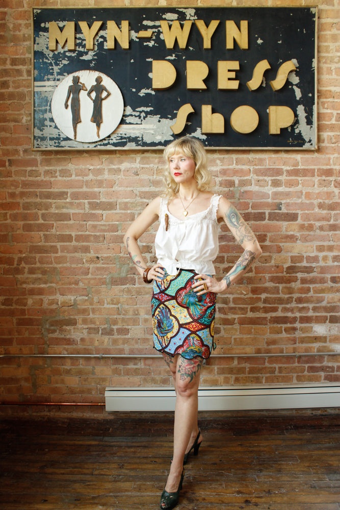 1960s Peacock Print Slip Skirt - Small