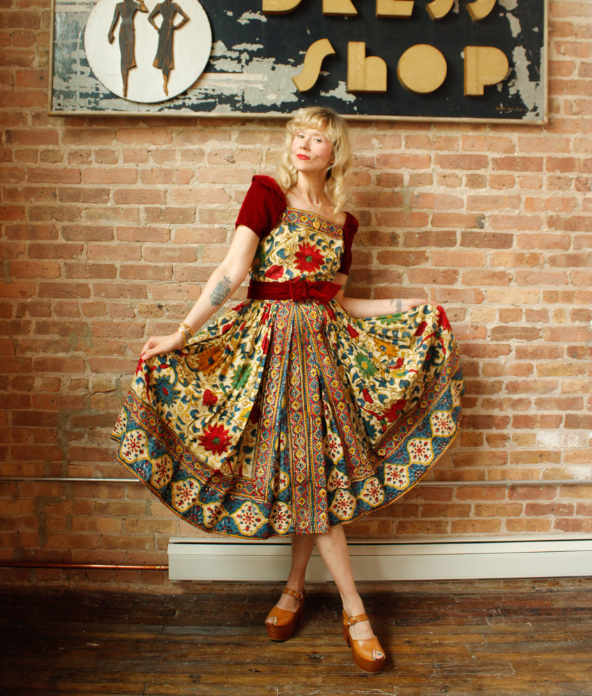 1940s Margie Webb Batik & Velvet 2pc Skirt Set - Medium