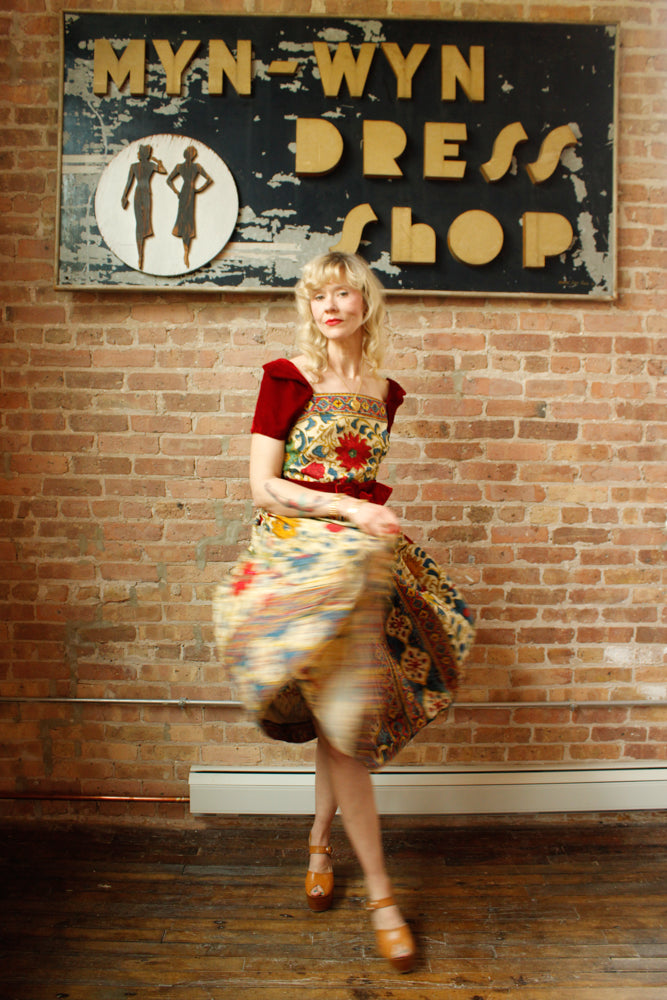 1940s Margie Webb Batik & Velvet 2pc Skirt Set - Medium