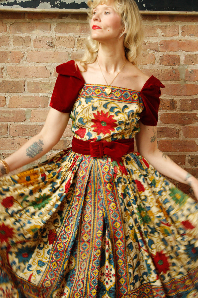 1940s Margie Webb Batik & Velvet 2pc Skirt Set - Medium