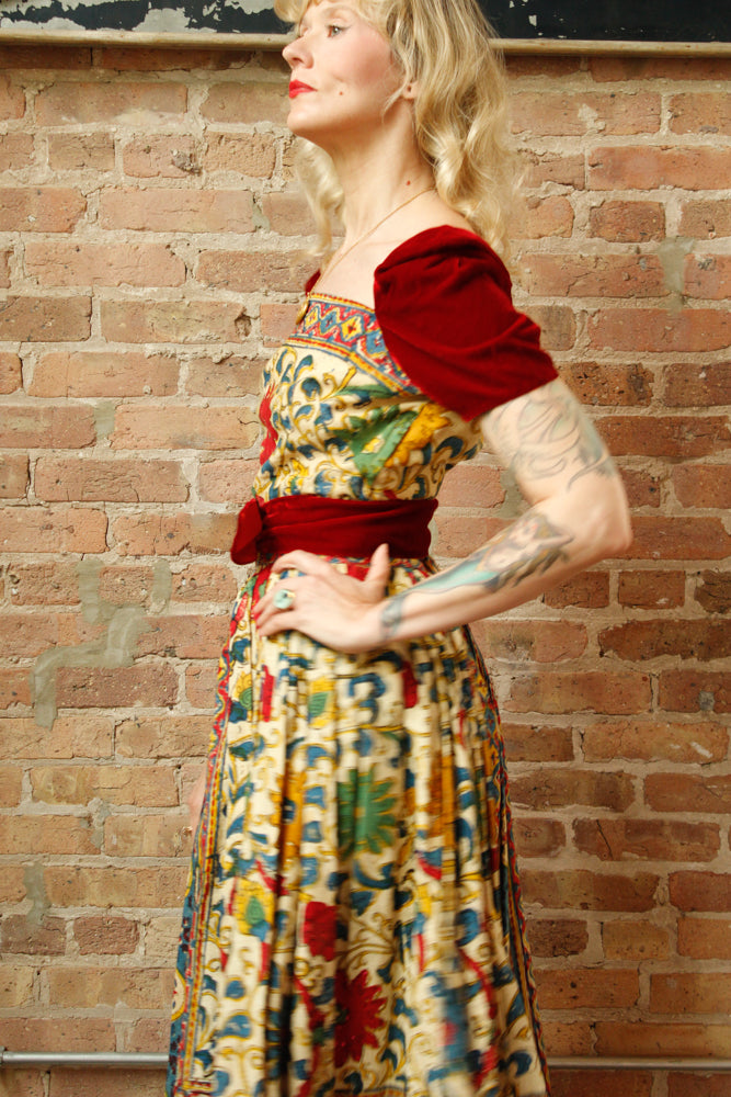 1940s Margie Webb Batik & Velvet 2pc Skirt Set - Medium