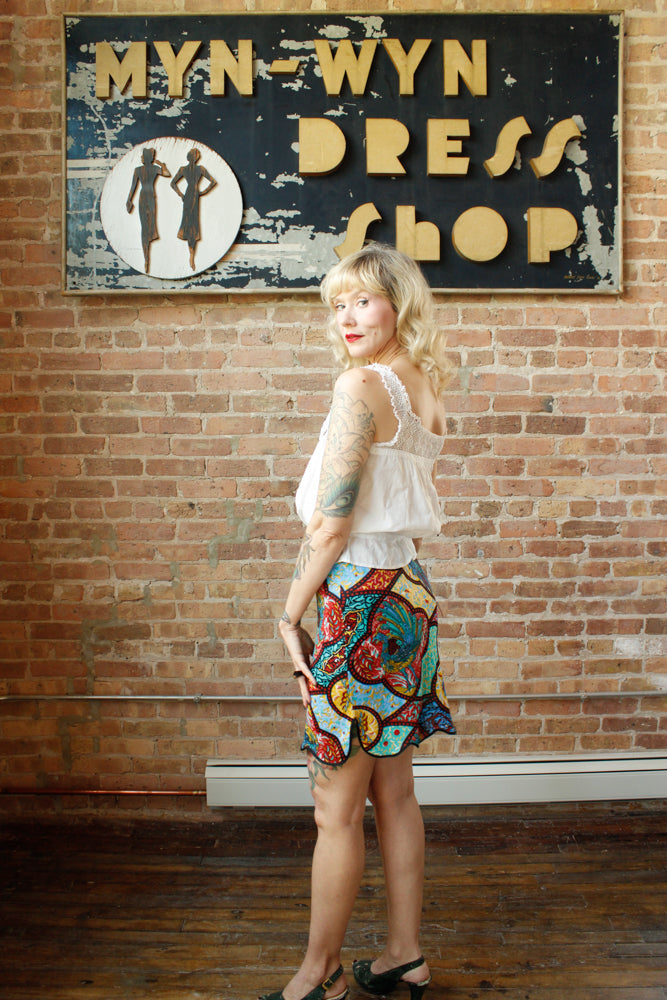 1960s Peacock Print Slip Skirt - Small
