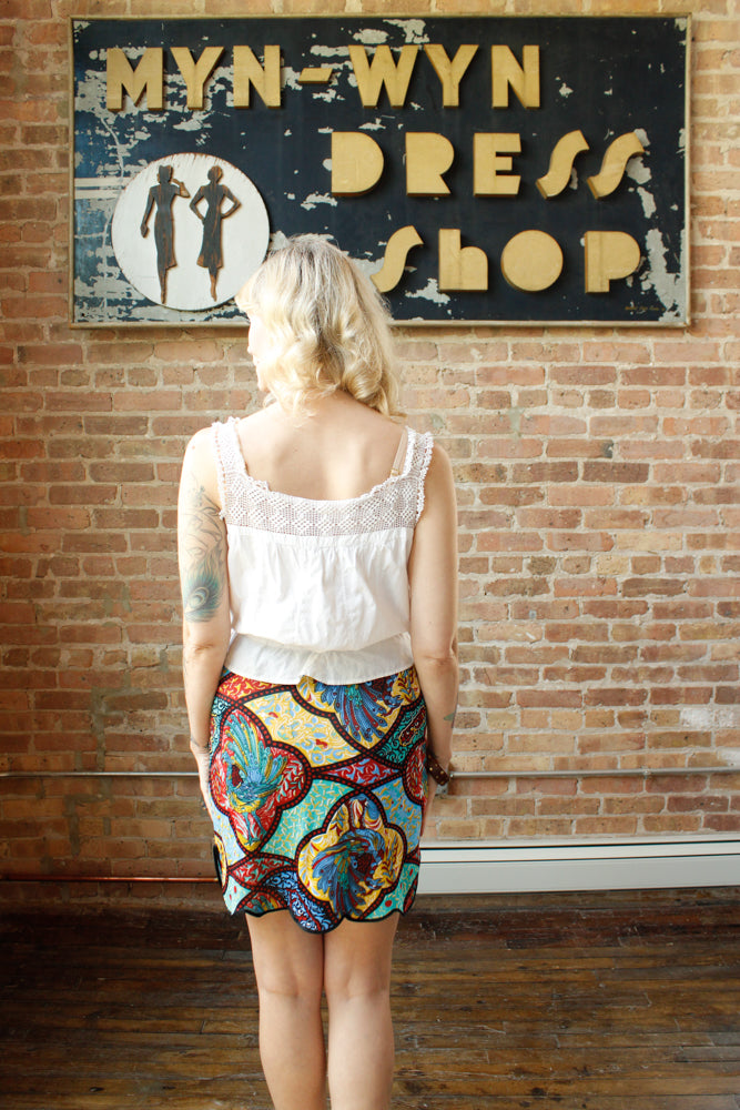 1960s Peacock Print Slip Skirt - Small