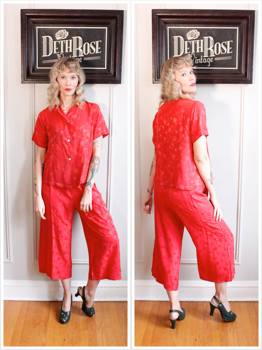 1920s Mary June Red Silk Floral Pajama Pant Set - Small